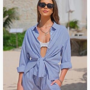 Exlura Striped Tie-Front Shirt in Light Blue & White